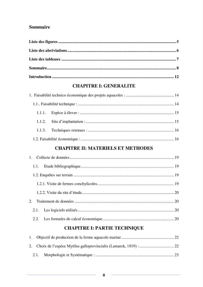 Etude de faisabilité technico-économique d’une ferme conchylicole (Mytilus galloprovincialis (Lamarck, 1819)