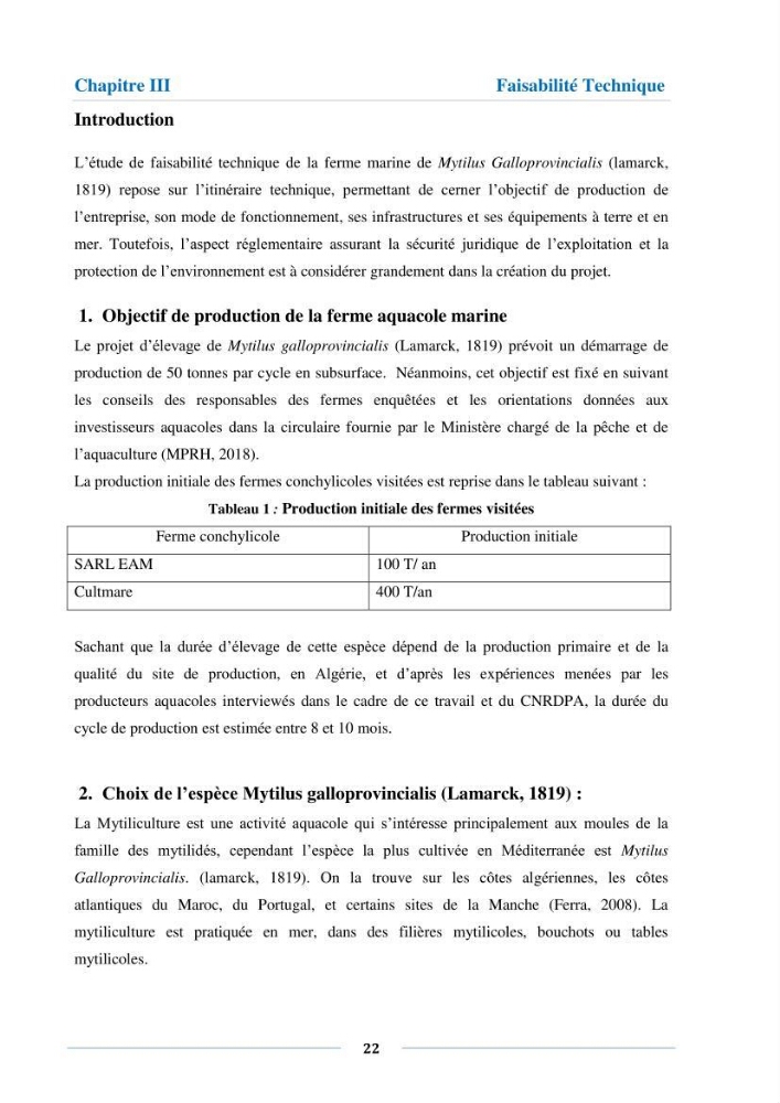 Etude de faisabilité technico-économique d’une ferme conchylicole (Mytilus galloprovincialis (Lamarck, 1819)