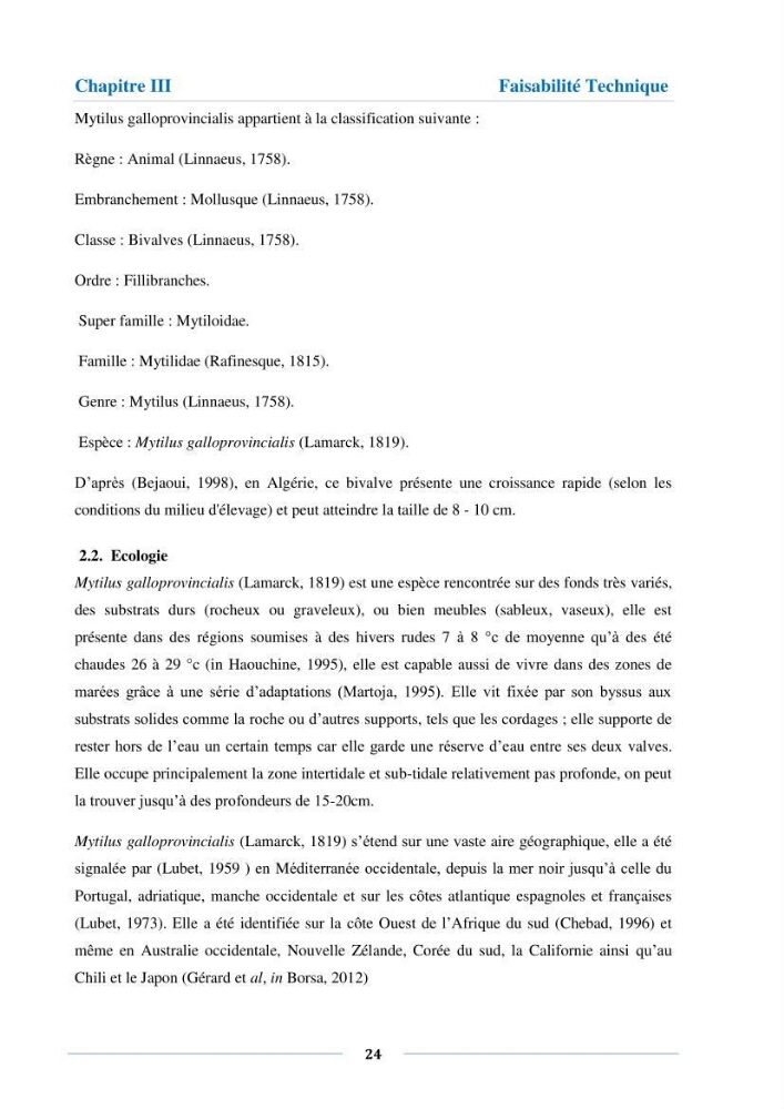 Etude de faisabilité technico-économique d’une ferme conchylicole (Mytilus galloprovincialis (Lamarck, 1819)