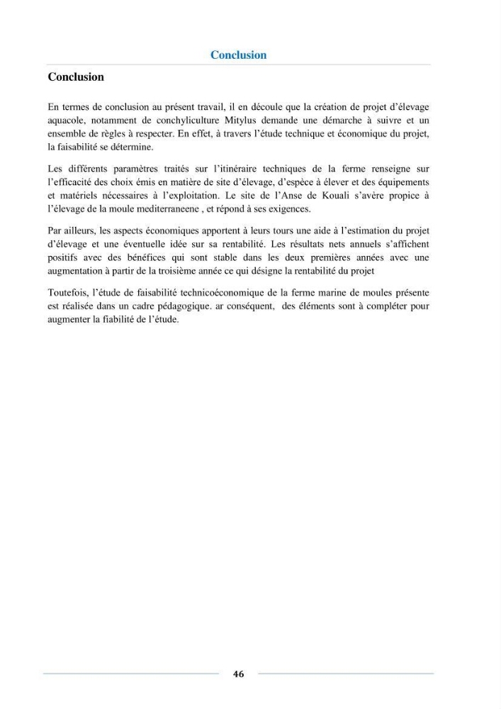 Etude de faisabilité technico-économique d’une ferme conchylicole (Mytilus galloprovincialis (Lamarck, 1819)