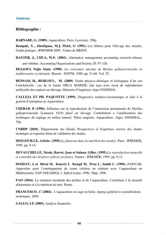 Etude de faisabilité technico-économique d’une ferme conchylicole (Mytilus galloprovincialis (Lamarck, 1819)