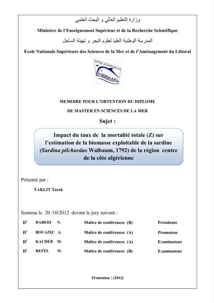 Impact du taux de mortalité totale (Z) sur l\'estimation de la biomasse exploitation de la sardine (Sardina pilchardus Walbaum, 1972) de la région centre de la côte algérienne