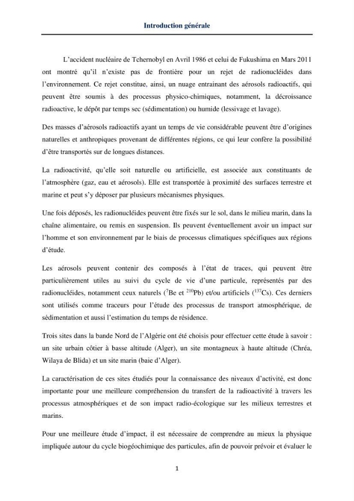 Transfert et dépôt de la radioactivité des aérosols et des eaux de pluie vers le sol et le milieu marin: application au nord de l\'Algérie