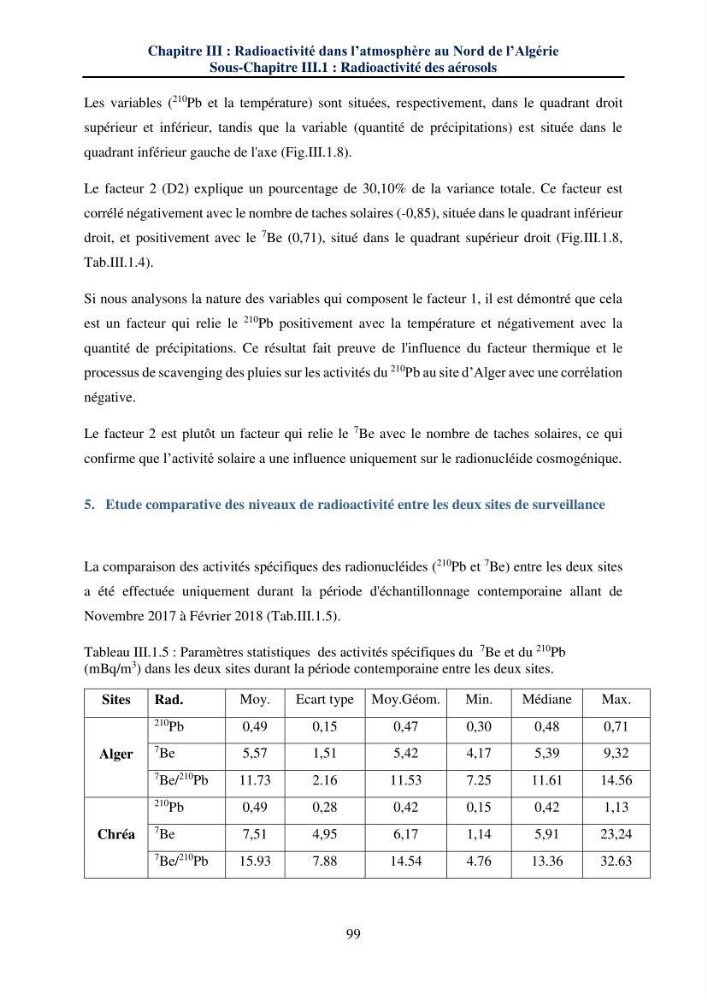 Transfert et dépôt de la radioactivité des aérosols et des eaux de pluie vers le sol et le milieu marin: application au nord de l\'Algérie