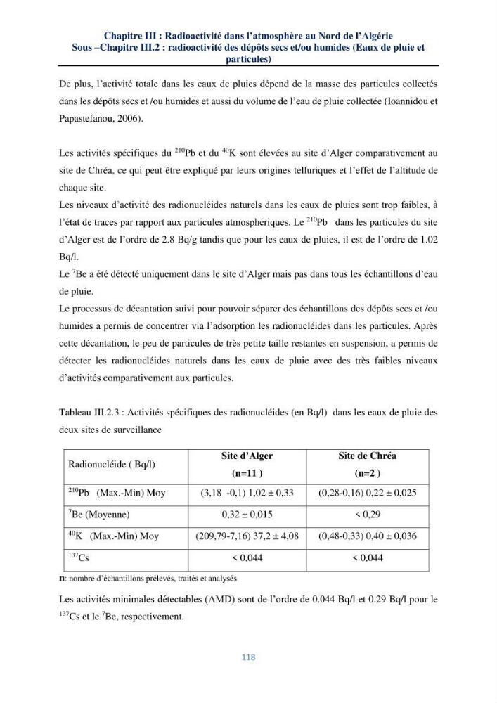 Transfert et dépôt de la radioactivité des aérosols et des eaux de pluie vers le sol et le milieu marin: application au nord de l\'Algérie