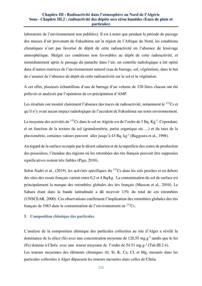 Transfert et dépôt de la radioactivité des aérosols et des eaux de pluie vers le sol et le milieu marin: application au nord de l\'Algérie