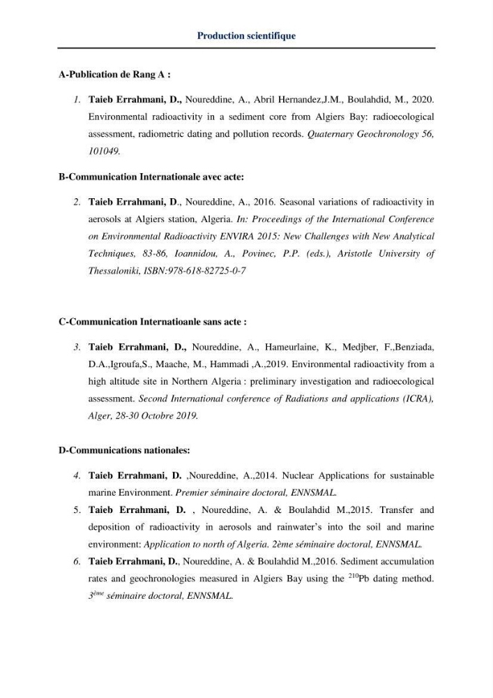 Transfert et dépôt de la radioactivité des aérosols et des eaux de pluie vers le sol et le milieu marin: application au nord de l\'Algérie