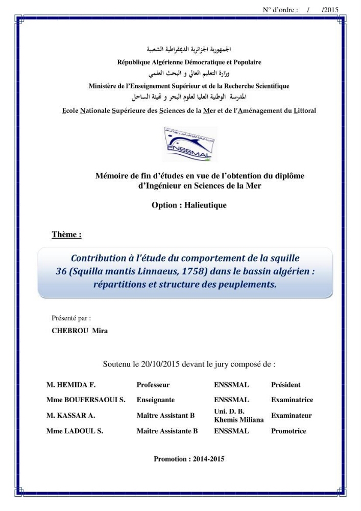 Contribution à l\'étude du comportement de la squille mante ( Squilla mantis Linnaeus, 1758) dans le bassin algerien: répartition et structure des peuplements
