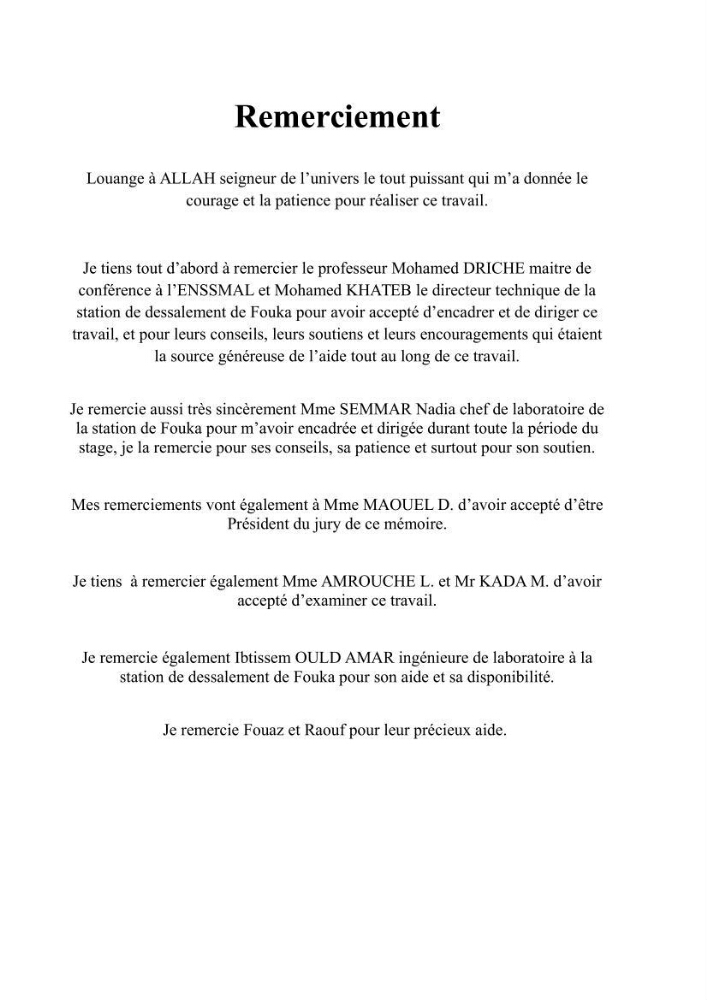 Etude de la performance de la station de dessalement de l\'eau de mer de fouka et son impact sur l\'environnement marin :