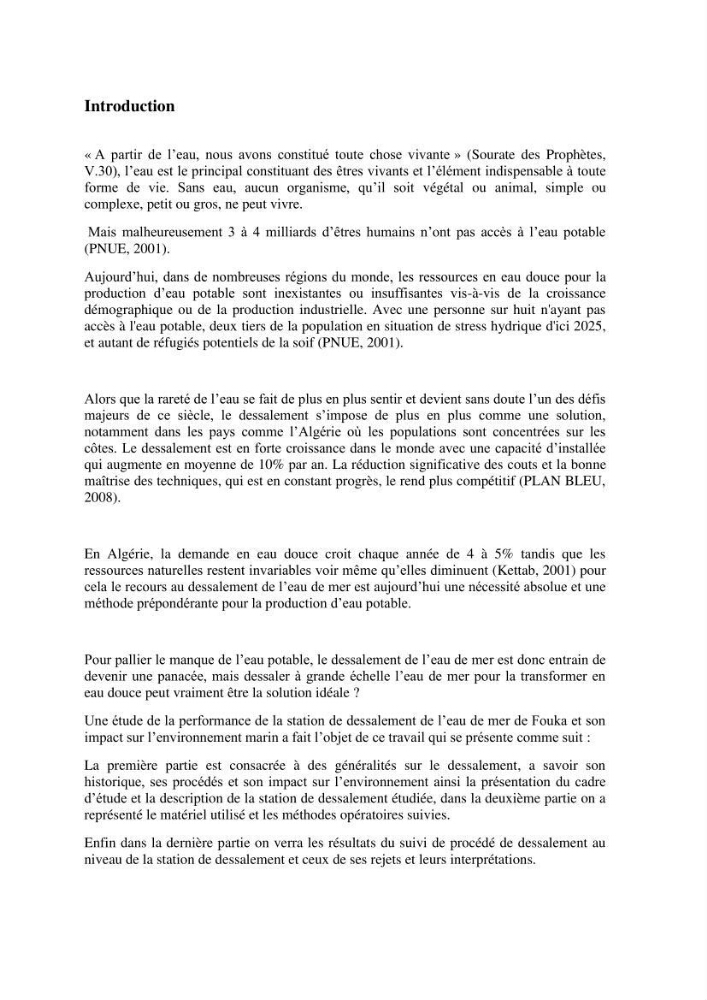 Etude de la performance de la station de dessalement de l\'eau de mer de fouka et son impact sur l\'environnement marin :