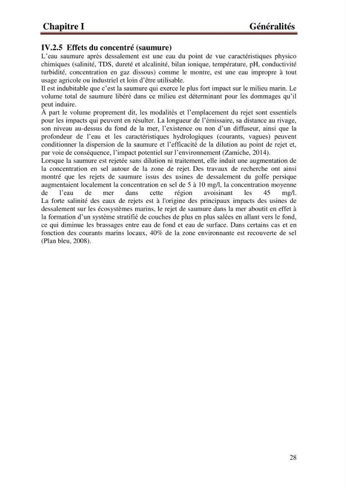Etude de la performance de la station de dessalement de l\'eau de mer de fouka et son impact sur l\'environnement marin :
