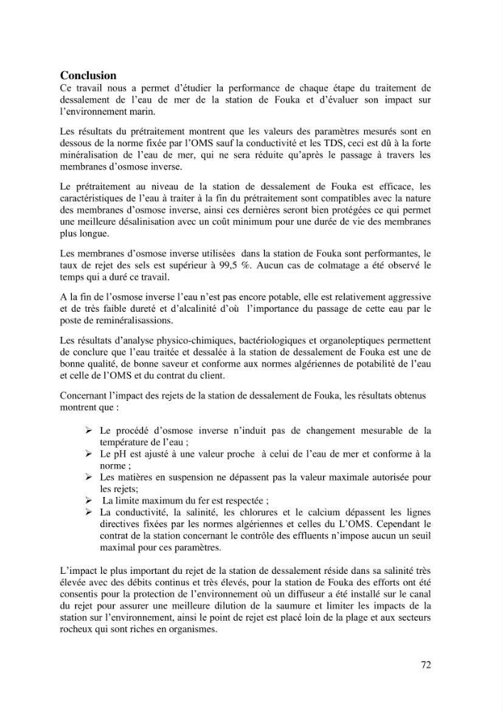 Etude de la performance de la station de dessalement de l\'eau de mer de fouka et son impact sur l\'environnement marin :