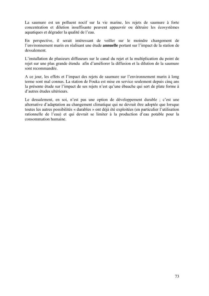 Etude de la performance de la station de dessalement de l\'eau de mer de fouka et son impact sur l\'environnement marin :