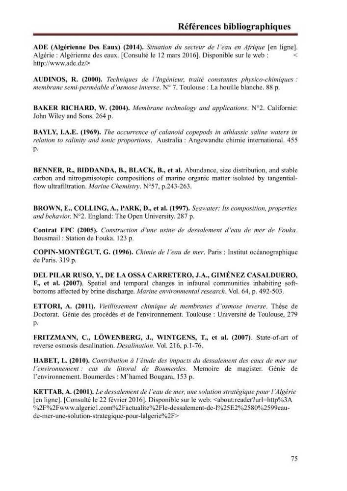Etude de la performance de la station de dessalement de l\'eau de mer de fouka et son impact sur l\'environnement marin :