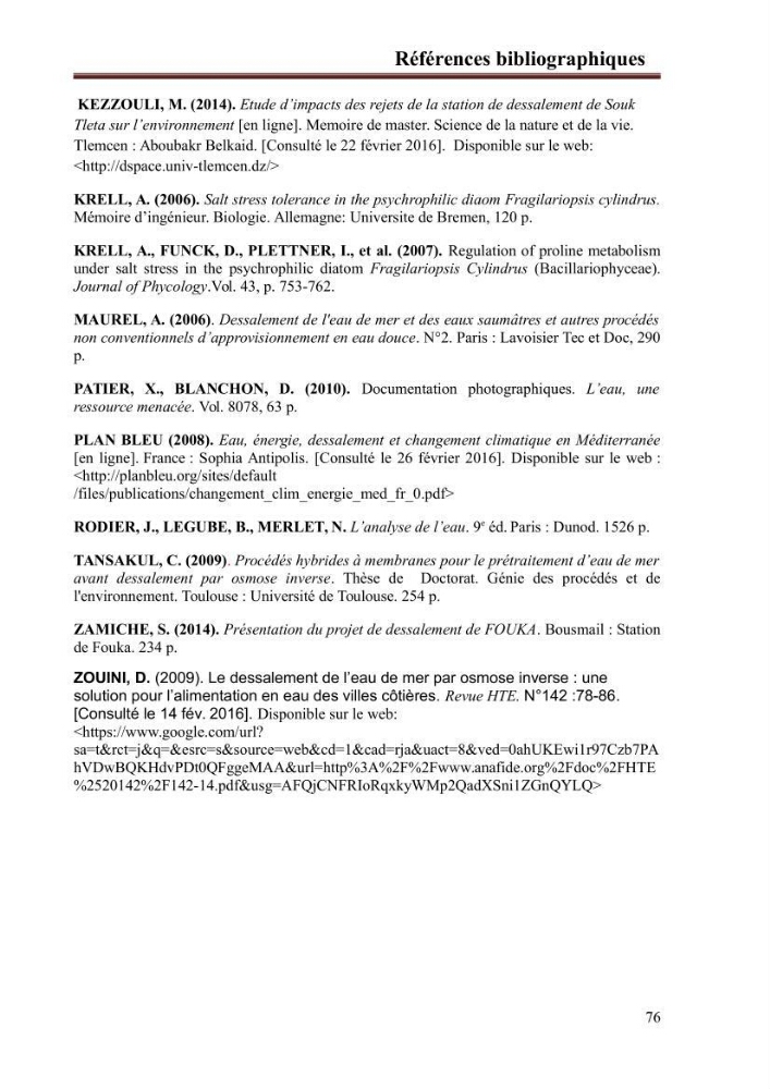 Etude de la performance de la station de dessalement de l\'eau de mer de fouka et son impact sur l\'environnement marin :