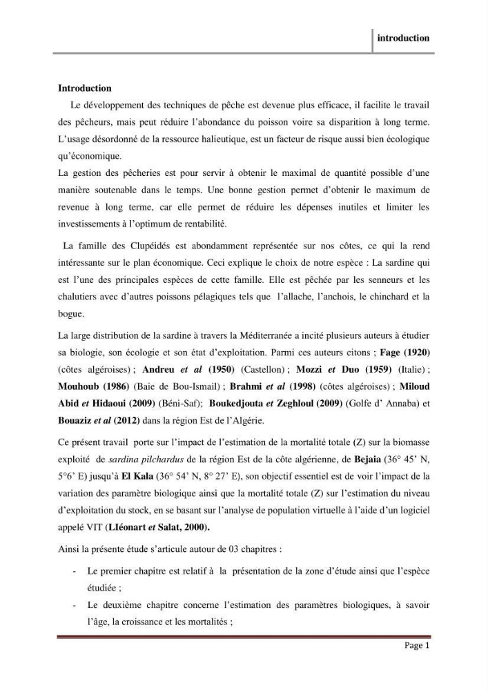 Impact de la variation du taux de mortalité (Z) sur l\'estimation de la biomasse exploitable de sardina pilchardus (Walbaum,1792) de la région Est de la côte Algerienne