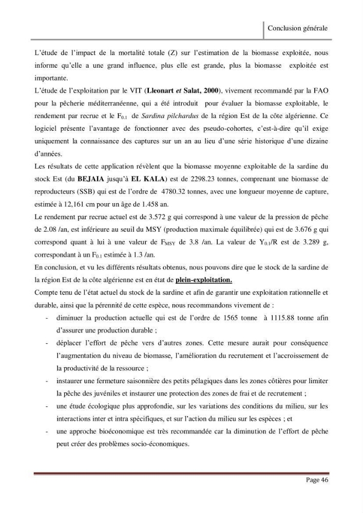 Impact de la variation du taux de mortalité (Z) sur l\'estimation de la biomasse exploitable de sardina pilchardus (Walbaum,1792) de la région Est de la côte Algerienne