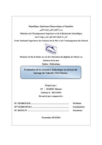 Evaluation de la ressource halieutique au niveau du barrage de Taksebt (Tizi-ouzou): Evaluation de la ressource halieutique au niveau du barrage de Taksebt (Tizi-ouzou):