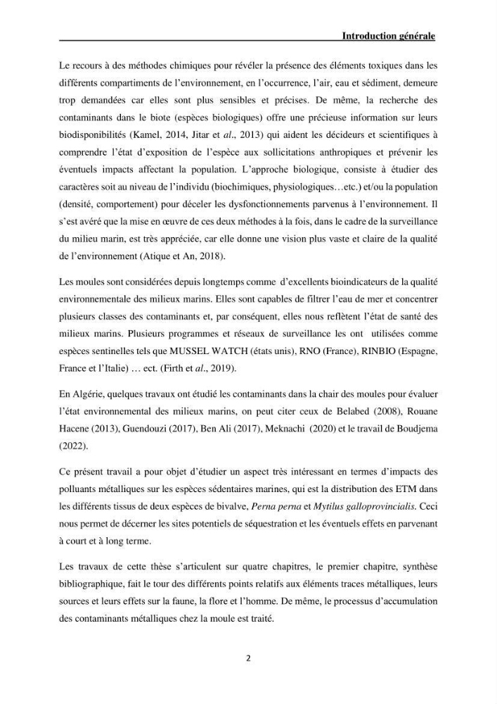 Impact de la pollution sur quelques espèces sédentaires marines