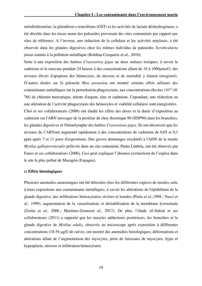 Impact de la pollution sur quelques espèces sédentaires marines