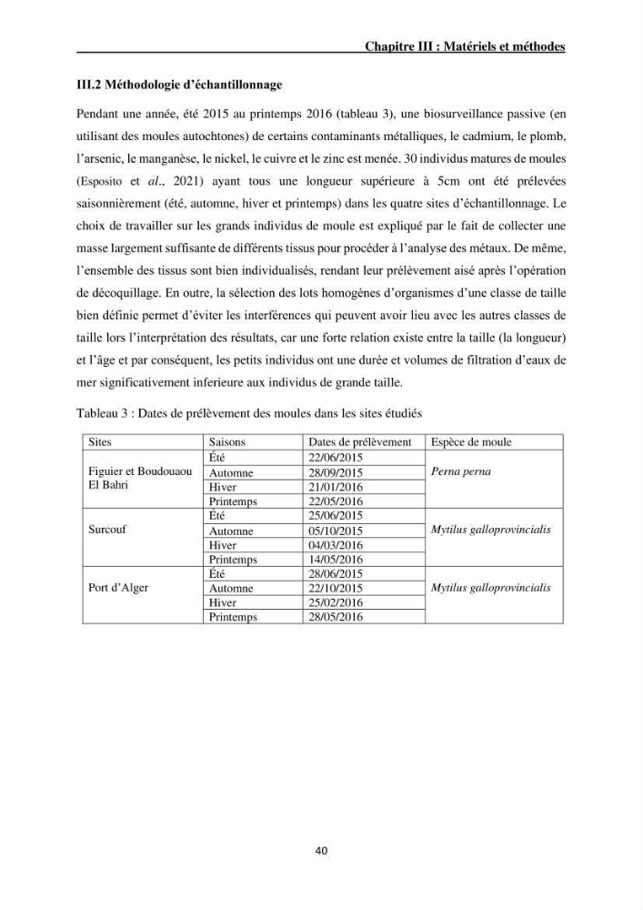 Impact de la pollution sur quelques espèces sédentaires marines