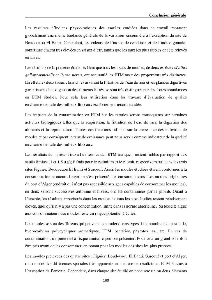 Impact de la pollution sur quelques espèces sédentaires marines