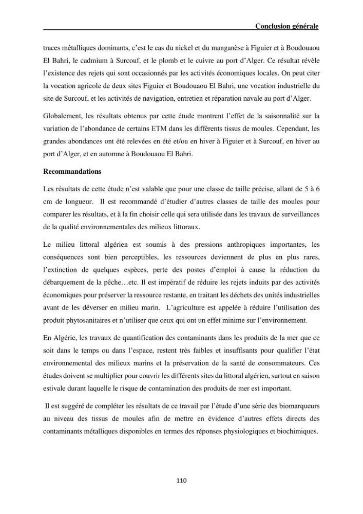 Impact de la pollution sur quelques espèces sédentaires marines