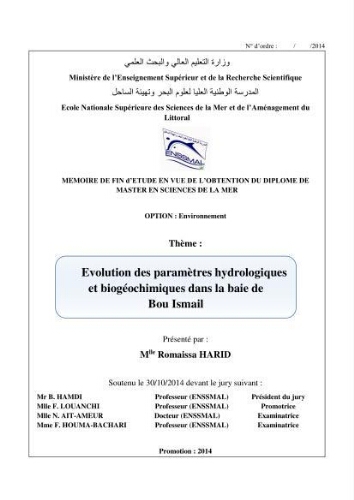 Evaluation des paramètres hydrologiques et biogéochimiques dans la baie de Bou-Ismail: Evaluation des paramètres hydrologiques et biogéochimiques dans la baie de Bou-Ismail: