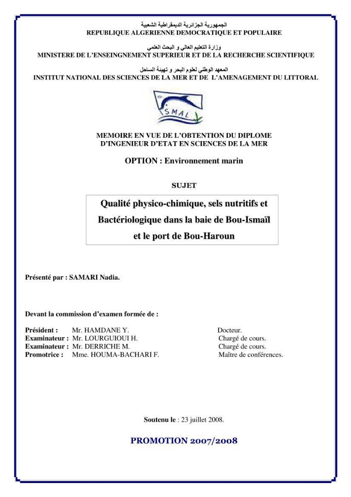 Qualité physico-chimique, sels nutritifs et bactériologique dans la baie de Bou-Ismail et le port de Bou-Haroun