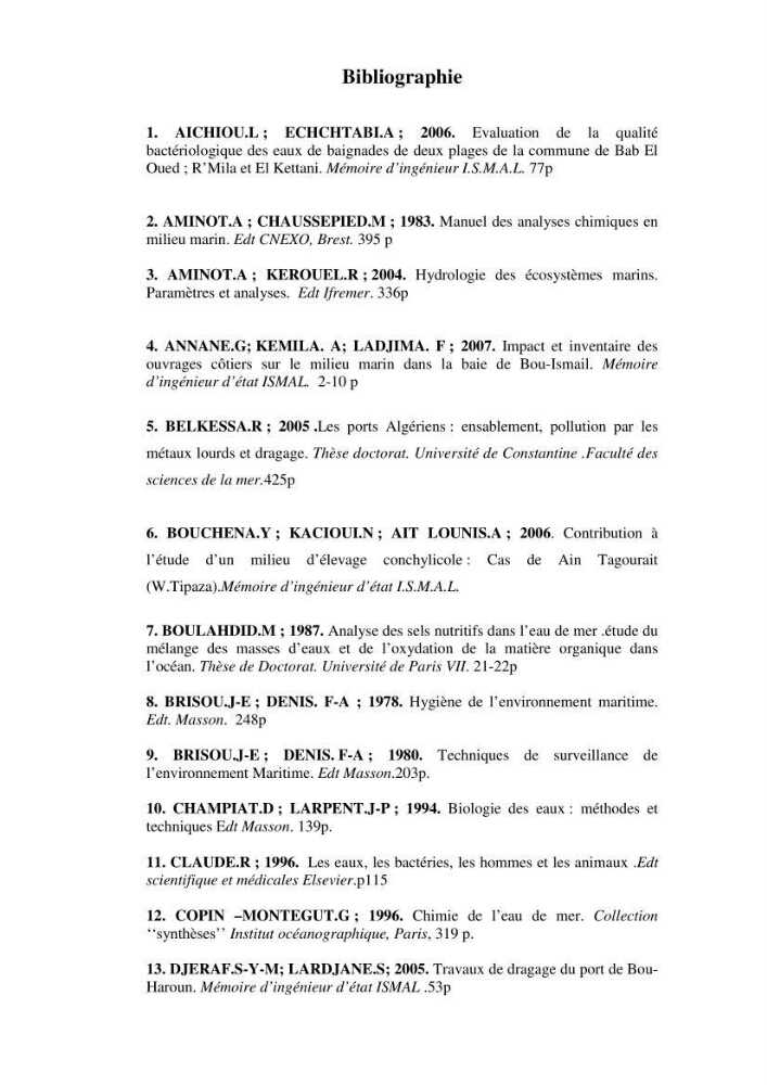 Qualité physico-chimique, sels nutritifs et bactériologique dans la baie de Bou-Ismail et le port de Bou-Haroun