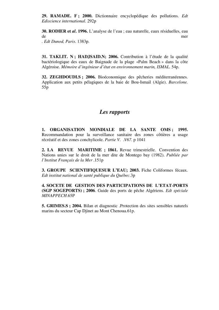 Qualité physico-chimique, sels nutritifs et bactériologique dans la baie de Bou-Ismail et le port de Bou-Haroun