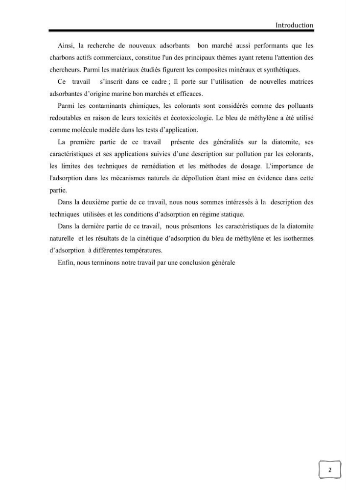 Décoloration de l\'eau par adsorption sur la diatomite