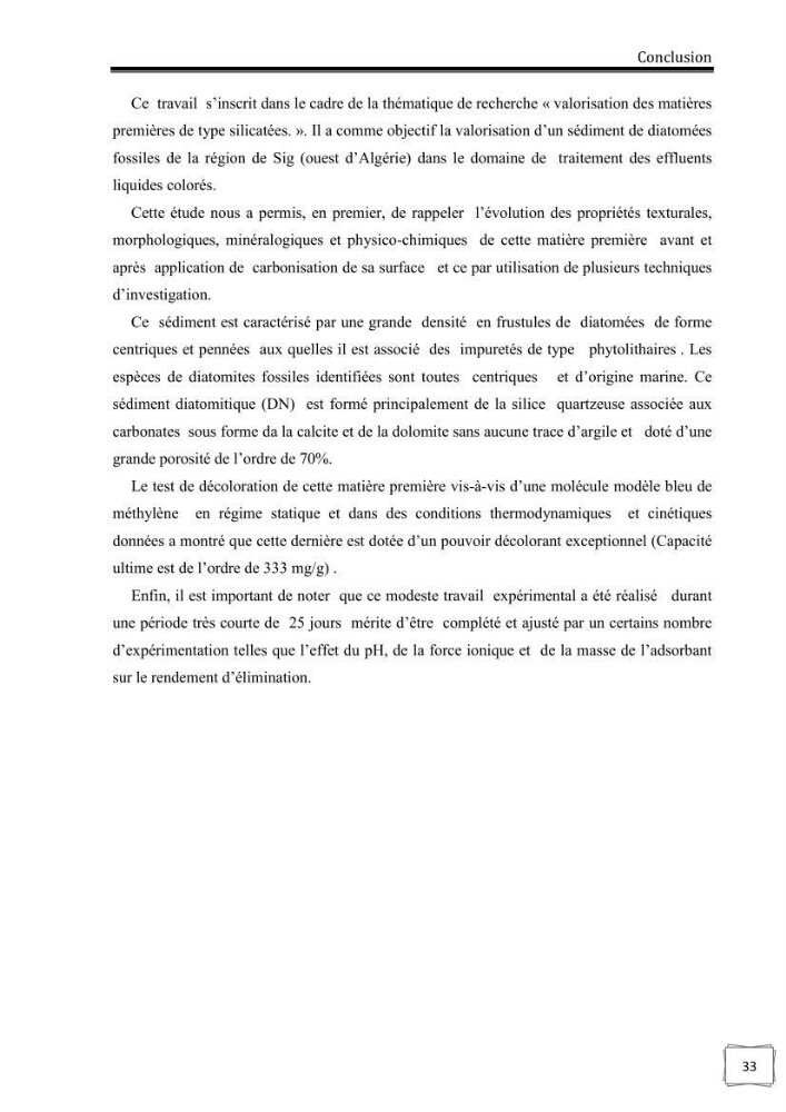 Décoloration de l\'eau par adsorption sur la diatomite