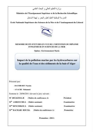 Impact de la pollution marine par les hydrocarbures sur la qualité de l'eau et des sédiments de la baie d'Alger: Impact de la pollution marine par les hydrocarbures sur la qualité de l'eau et des sédiments de la baie d'Alger: