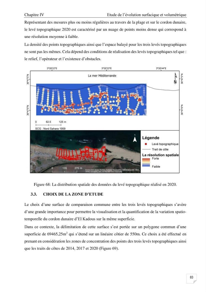 Etude de l\'évolution surfaçique et volumétrique du cordon dunaire d\'El Kadous ( commune de Heraoua):