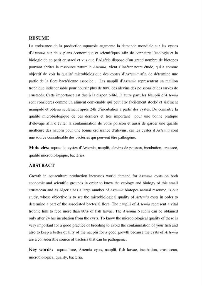 Determination d\'une partie de la flore bactérienne associee aux cystes d\'ARTEMIA (Leach 1819):
