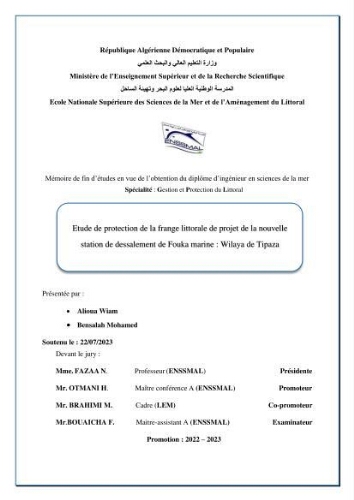 Etude de protection de la frange littorale de projet de la nouvelle station de dessalement de Fouka marine wilaya de Tipaza Etude de protection de la frange littorale de projet de la nouvelle station de dessalement de Fouka marine wilaya de Tipaza
