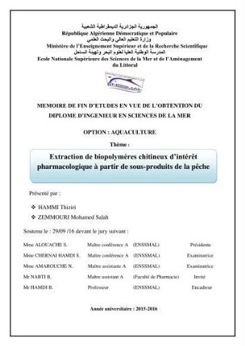 Extraction de biopolymères chitineux d'intérêt pharmacologique à partir de sous-produits de la pêche Extraction de biopolymères chitineux d'intérêt pharmacologique à partir de sous-produits de la pêche