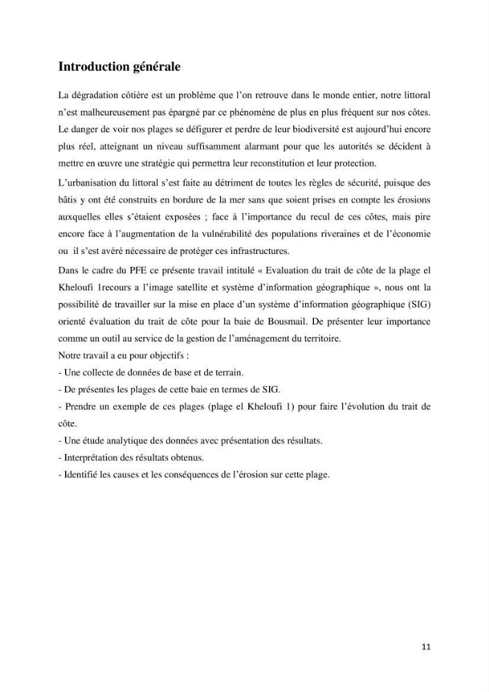 Evolution du trait de côte au niveau de la baie de Bouismail : recours a l\'image satellite et système d\'inforamation géographique