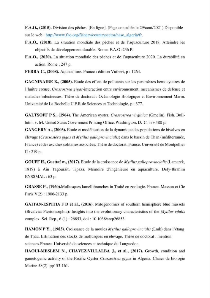 Etude des performances de croissance d\'un élevage myliticole mytilus galloprovincialis ( Lamarck,1819) Ain Taya (Alger):
