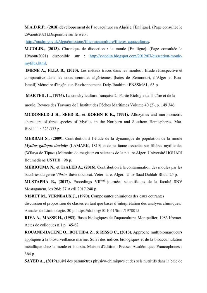 Etude des performances de croissance d\'un élevage myliticole mytilus galloprovincialis ( Lamarck,1819) Ain Taya (Alger):