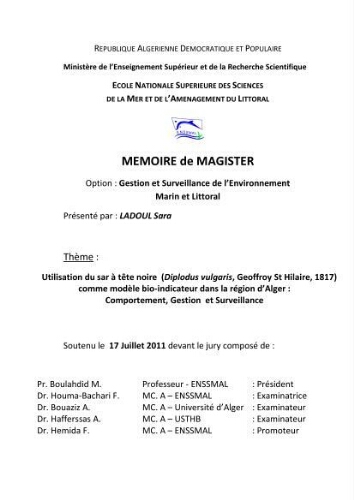 Utilisation du sar à tête noire (diplodus vulgaris, Geoffroy St Hilaire, 1817) comme modèle bio-indicateur dans la région d'alger: comportement, gestion et surveillance: Utilisation du sar à tête noire (diplodus vulgaris, Geoffroy St Hilaire, 1817) comme modèle bio-indicateur dans la région d'alger: comportement, gestion et surveillance: