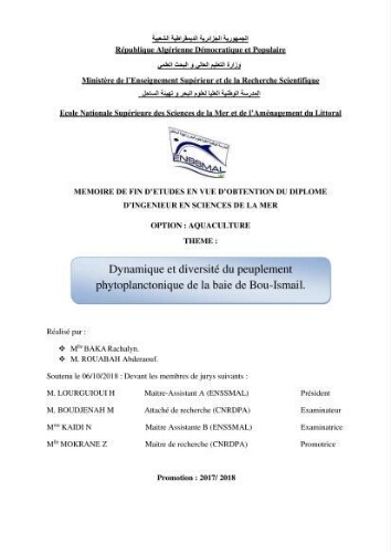 Dynamique et diversité du peuplement phytoplanctonique de la baie de Bou-Ismail. Dynamique et diversité du peuplement phytoplanctonique de la baie de Bou-Ismail.