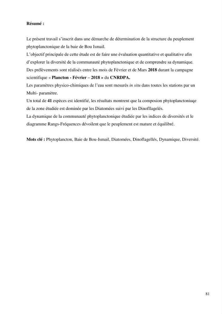 Dynamique et diversité du peuplement phytoplanctonique de la baie de Bou-Ismail.