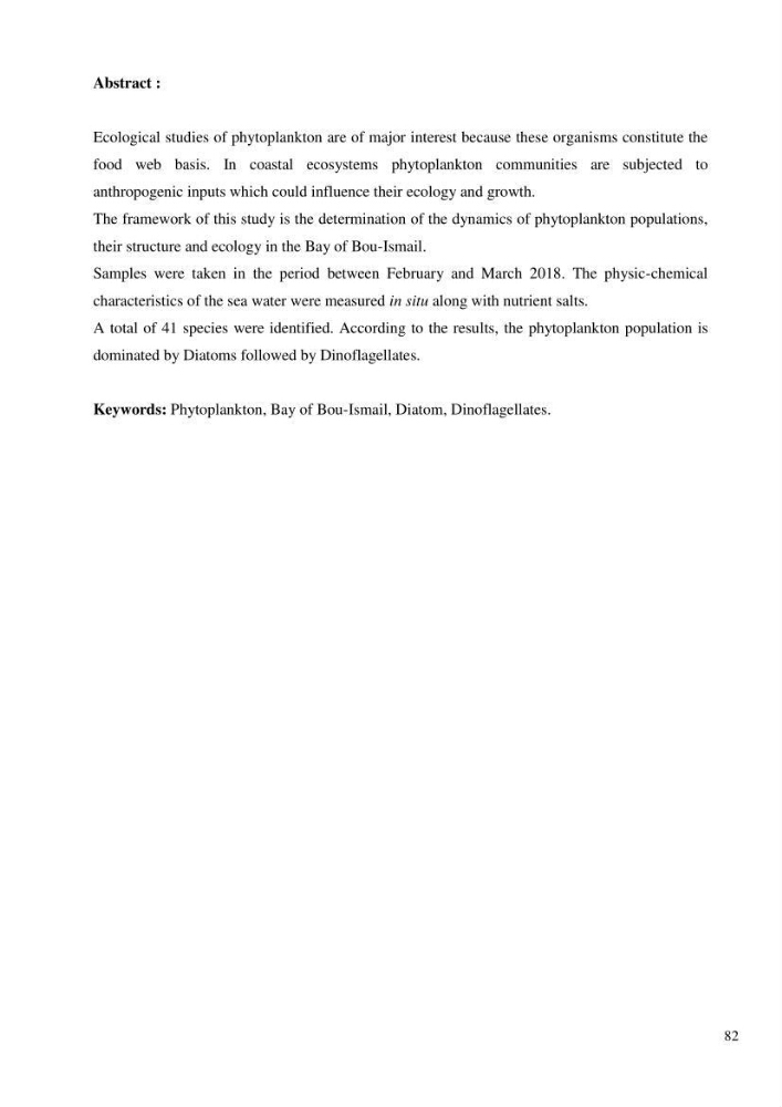 Dynamique et diversité du peuplement phytoplanctonique de la baie de Bou-Ismail.
