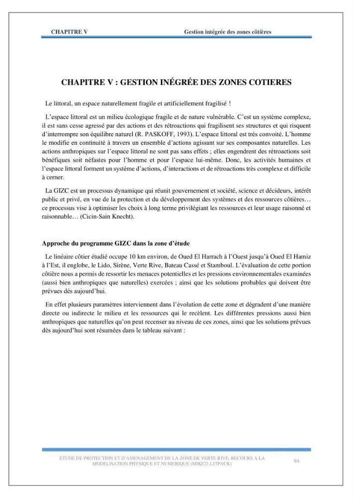 Etude de protection et d\'aménagement de la zone de Verte Rive-Bordj El Kiffan