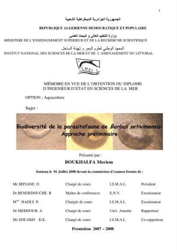 Biodiversité de la parasitofaune de barbus setivimensis approche préliminaire: Biodiversité de la parasitofaune de barbus setivimensis approche préliminaire: