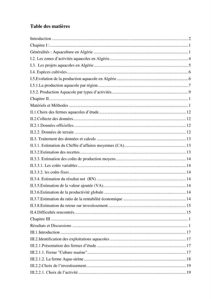 Etude des performances économiques des fermes aquacoles conchylicoles en Algérie: