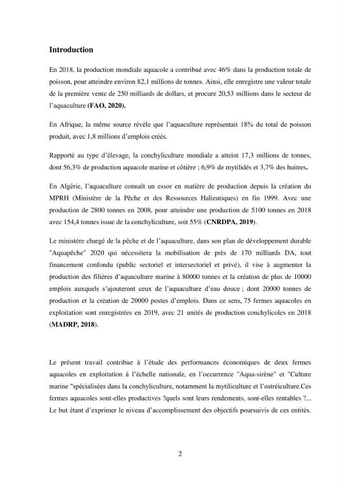 Etude des performances économiques des fermes aquacoles conchylicoles en Algérie: