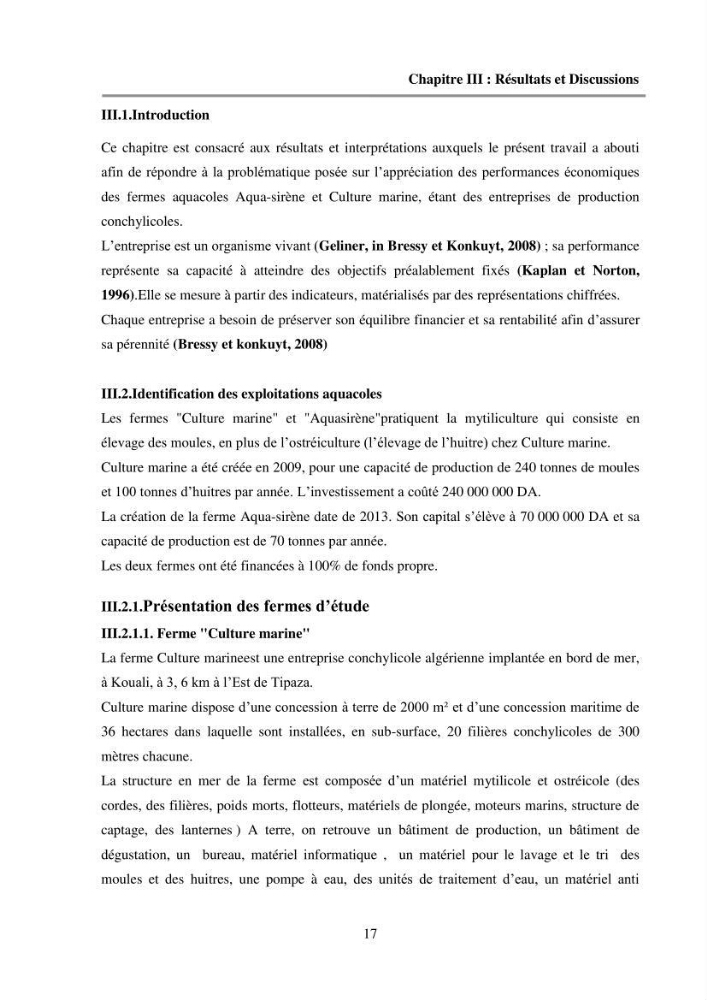 Etude des performances économiques des fermes aquacoles conchylicoles en Algérie: